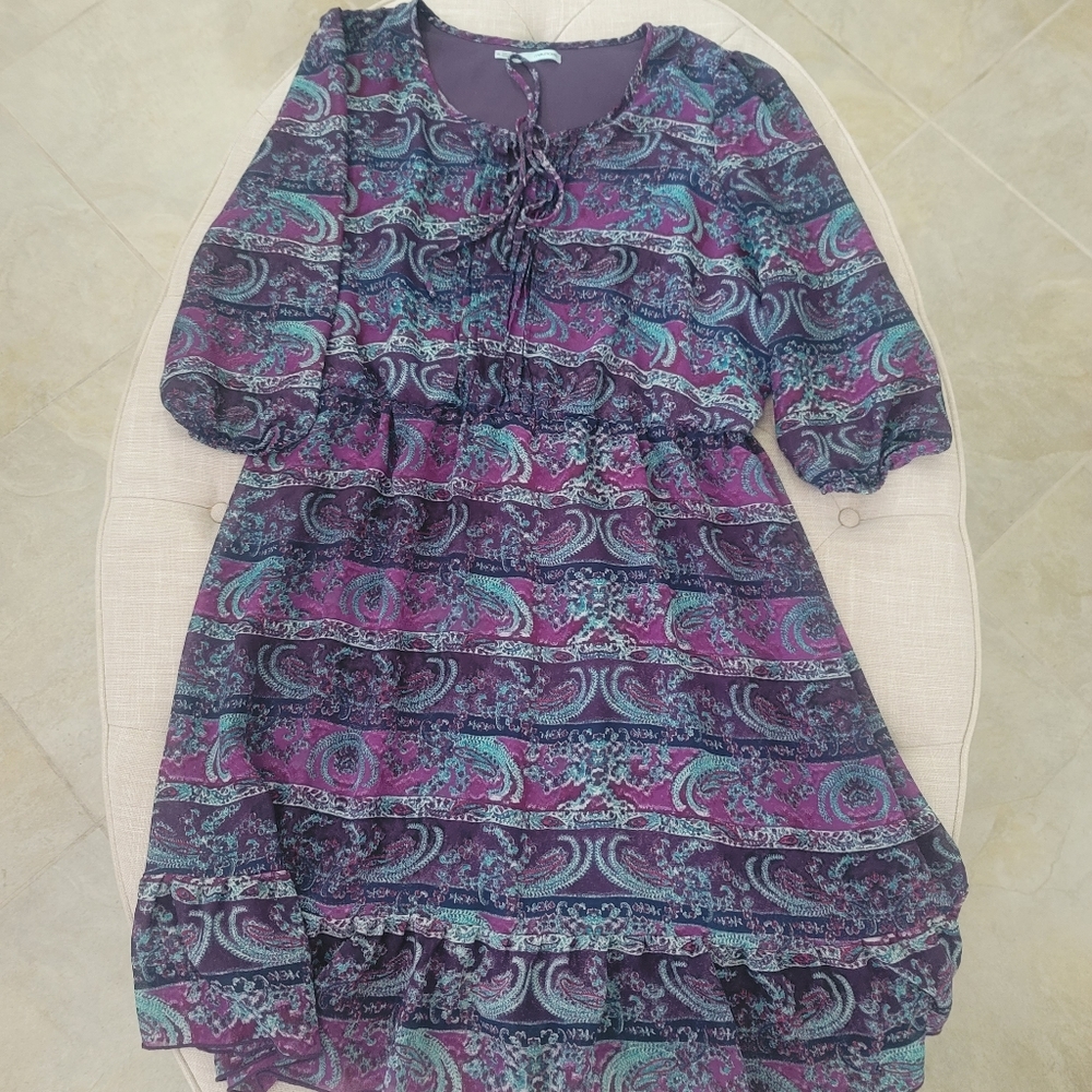 Maurices XXL Empire Waist 3/4 Sleeve Flowy Boho Lace Up Dress Purple Teal Blue